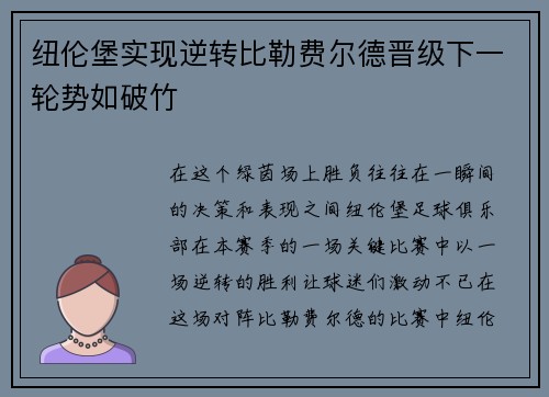 纽伦堡实现逆转比勒费尔德晋级下一轮势如破竹